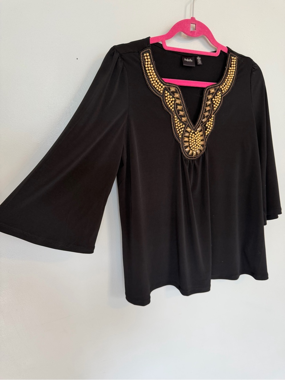 NWT Rafaella Black Gold Beaded Tunic Top SP Whimsigoth Boho Bell Sleeve